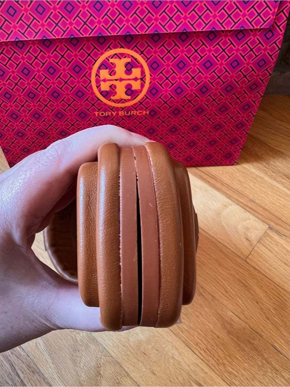 Tory Burch Tan Miele & Gold Leather Double T Sport Slide Sandals